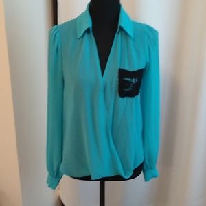 Teal silky collared wrap front blouse